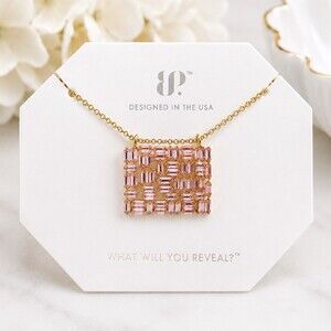 Born To Adorn Necklace Gold Tone Pink Corundum Square Mosaic Pendant 18in preppy